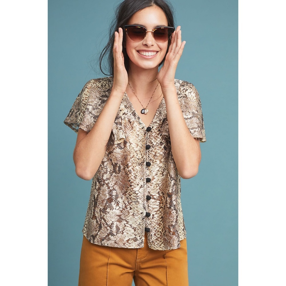 Eva Franco Anthropologie Snake Lace Button Front Flutter Short Sleeve Blouse
